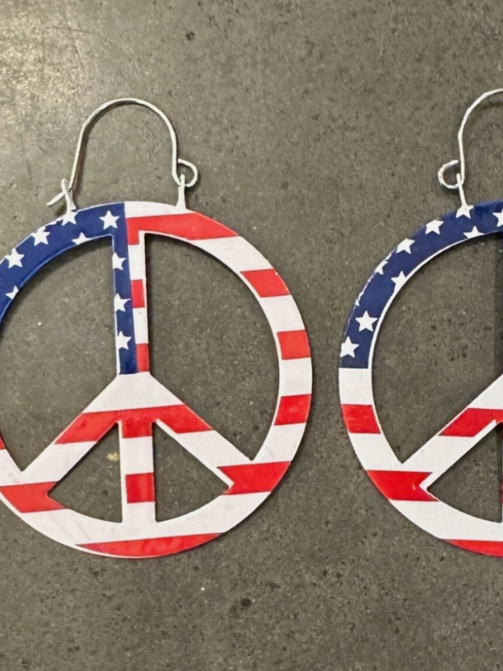 Large Round Enamel US Flag Peace Sign Wire Dangling Earrings 1.75" Round